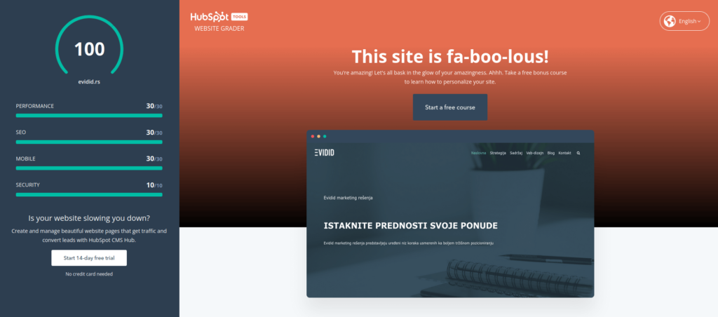 Evidid marketing sajt HubSpot test